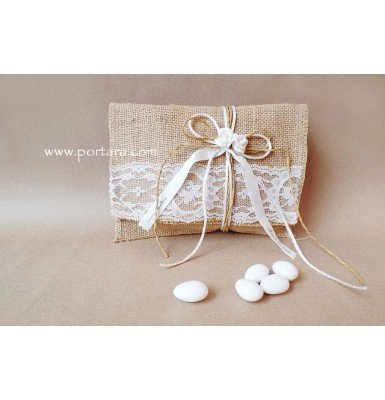 Lace and Burlap Envelope with Porcelain Roses Wedding Favor