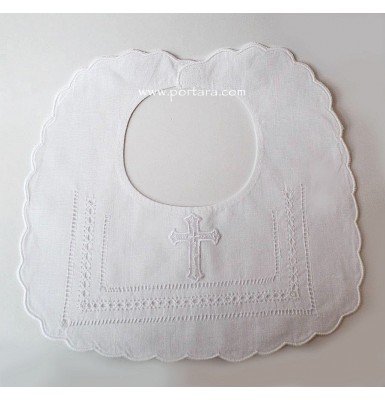 White Linen Christening Baby Bib with a Cross 