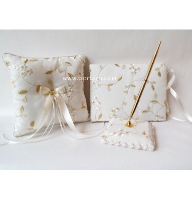 A Magnificent Ivory Silk and Gold Beauty Guest Book, Pen and a Pillow