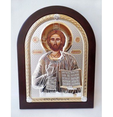 Silver and Gold Plated Jesus on a Mahogany Wood Icon 