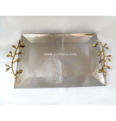 Rectangular Hammered Stainless Steel Wedding Tray with Artistic Golden Handles