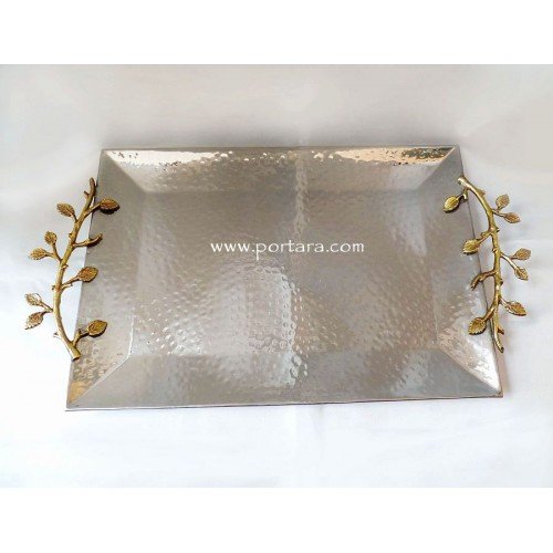 Rectangular Hammered Stainless Steel Wedding Tray with Artistic Golden Handles