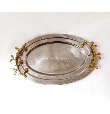 Oval Hammered Stainless Steel Tray with Artistic Golden Handles