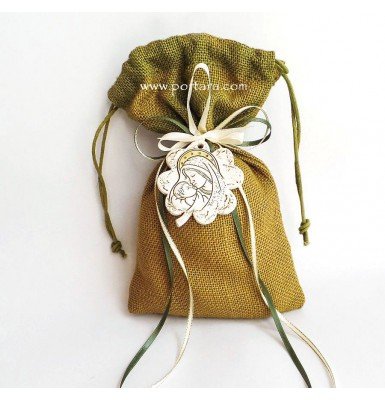 Hanging Flower Shaped Ornament Icon on a Burlap Bag Christening Favors