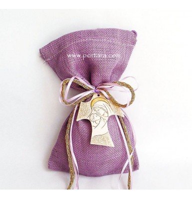 Handmade Cross with Golden Accents on a Burlap Bag Christening Baptism Favors