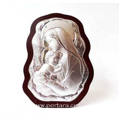 Virgin Mary and Child Silver on a Mahogany Tree Scalloped Icon Gift Idea