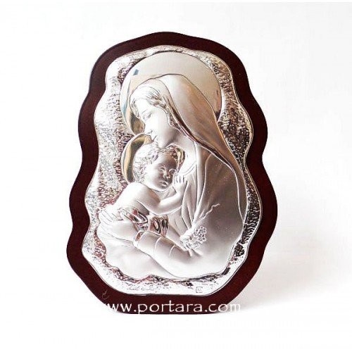 Virgin Mary and Child Silver on a Mahogany Tree Scalloped Icon Gift Idea