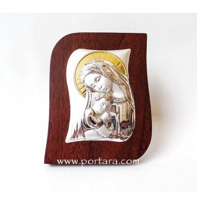 Silver and Gold on a Mahogany Tree Virgin Mary and Child Icon Gift Idea