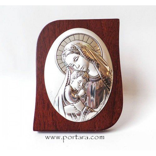 Virgin Mary and Child Rectangular Silver Plated on a Mahogany Tree Icon Gift Idea