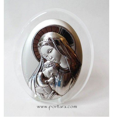 Virgin Mary Silver Plated on a Oval Crystal Frame Icon Gift Idea