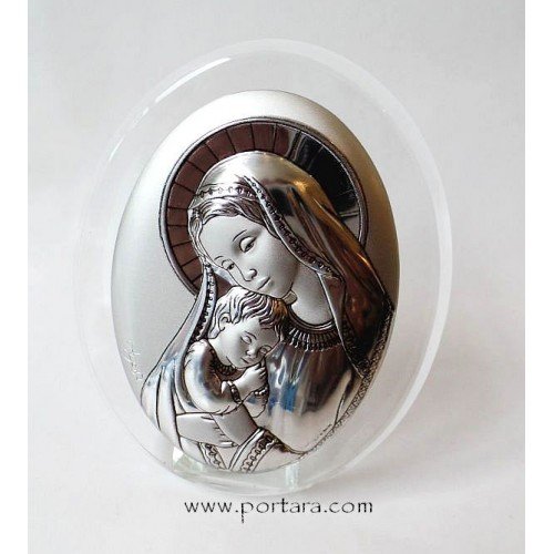 Virgin Mary Silver Plated on a Oval Crystal Frame Icon Gift Idea