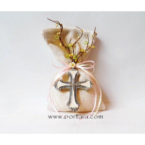 Silver with Crystals Cross on a Natural Burlap Bag Christening Favors