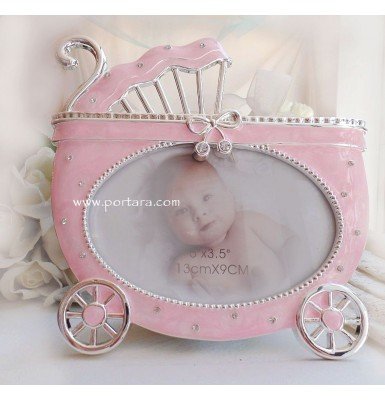 Baby Carriage in Pink and Silver Photo Frame with Crystals