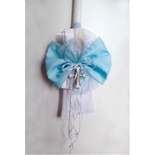 Baby Blue Bow Christening Candle ~ Lambatha