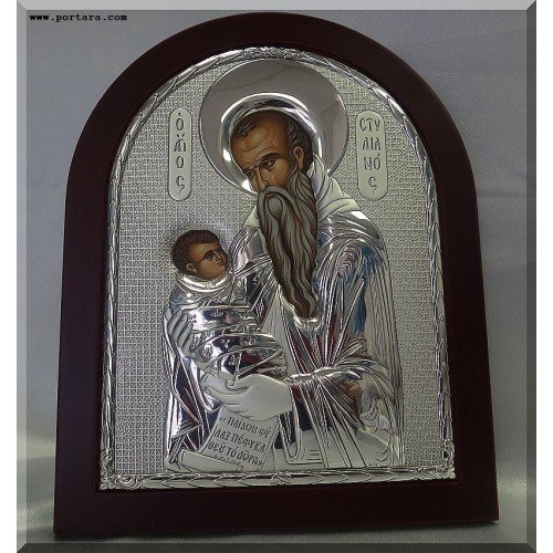 Saint Stylianos The Protector of the Children Silver Icon on Mahogany Wood 