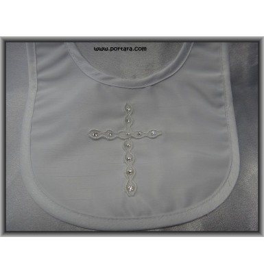 Girls White Satin Cross Baptismal Bib with Swarovski Crystals AB