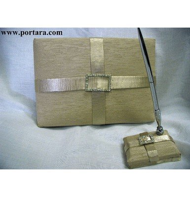Faux Silk Taupe Guest Book and Pen Set