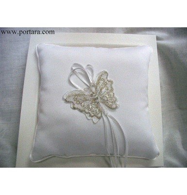 White Satin Silver Thread Butterfly Ring Pillow