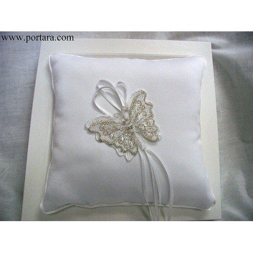 White Satin Silver Thread Butterfly Ring Pillow