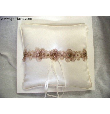 Ivory Champagne Beaded Organza Trim Ring Pillow