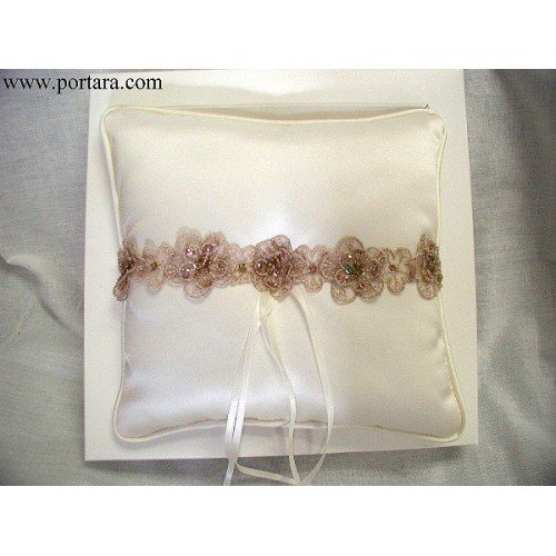Ivory Champagne Beaded Organza Trim Ring Pillow