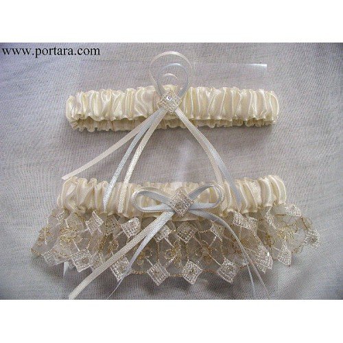 Ivory Embroidered Gold Thread Organza Garter Set