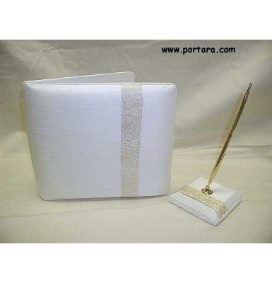 Ivory Embroidered Gold Thread Guest Book and Pen Set