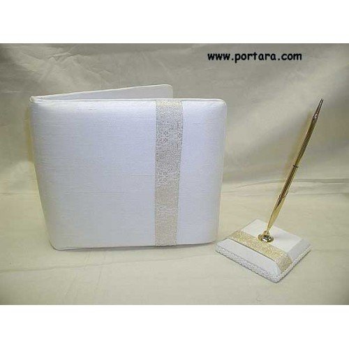 Ivory Embroidered Gold Thread Guest Book and Pen Set