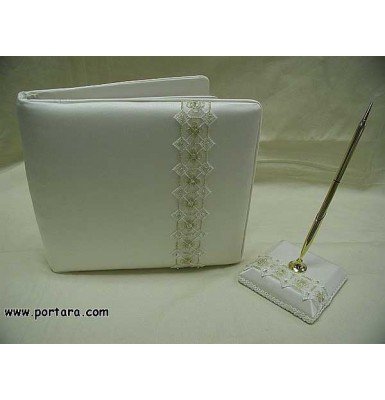 Ivory Silk Guest Book and Pen Set with Embroidered Gold Band
