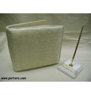 Gold Embroidered Silk Brocade Guest Book and Pen Set