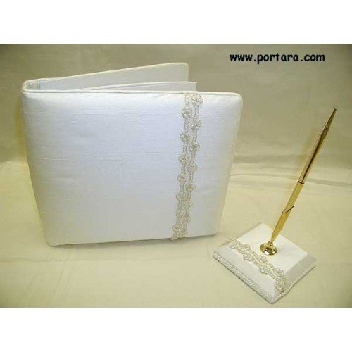 Ivory Moire Guest Book and Pen Set with Gold Trim