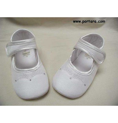 Pearl White Silky Fashion Baby Girl Christening Shoes with Swarovski Crystals