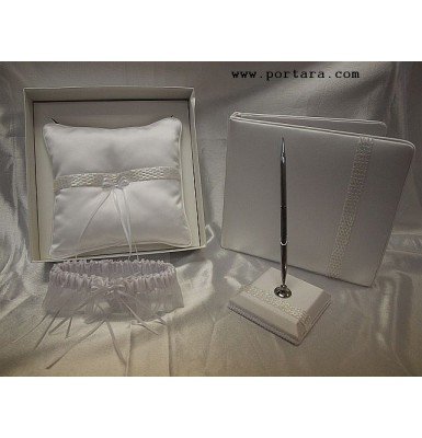 A White Pearl Beauty Guest Book, Pen, Pillow and Garter Set