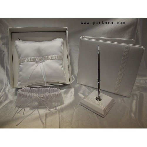 A White Pearl Beauty Guest Book, Pen, Pillow and Garter Set