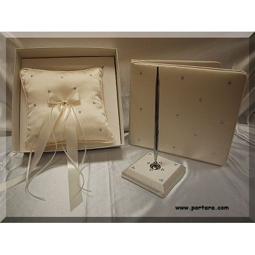 A Sparkling Swarovski Crystal Beauty Guest Book with Pen and Pillow Set in Ivory