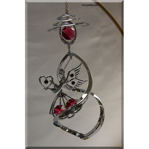 Angel with Heart and Austrian Crystals Chrome Plated Spiral Hanging Ornament 